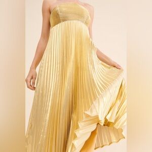 Anthropologie Let Me Be Gold Foil Pleated Strapless Midi Dress Size XS NWT